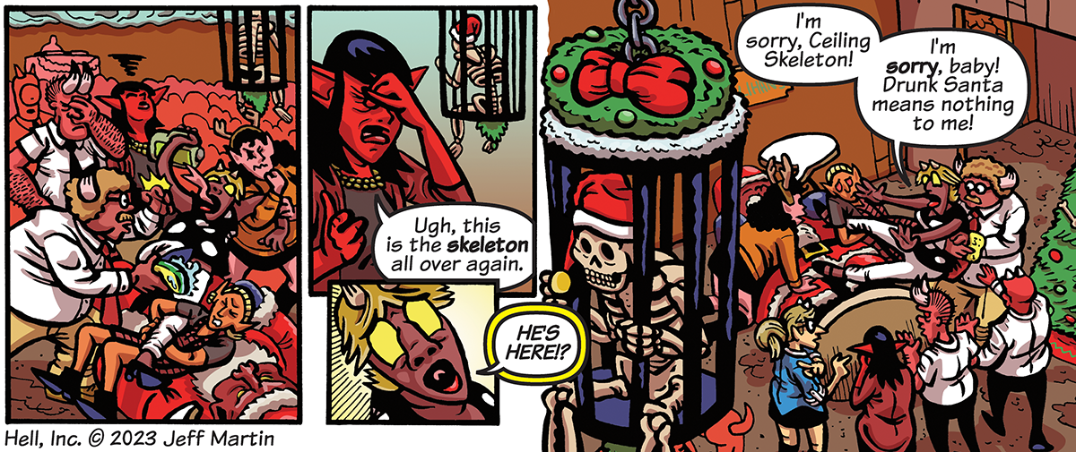 Drunk Santa vs. Ceiling Skeleton